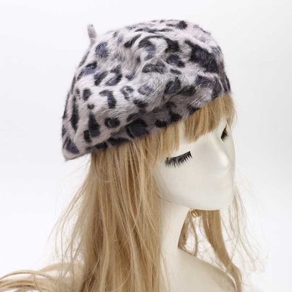 Beretti Autunno inverno Stampa il leopardo in pelliccia calda di coniglio ottagonale per donne e ragazze berretto berretto cappello Cappello 11 G220612