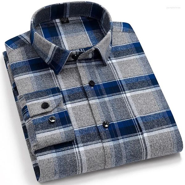 Camisas casuais masculinas Camisa masculina xadrez de algodão escovado Bolso único remendado Manga comprida Ajuste padrão flanela confortável Gingham grosso