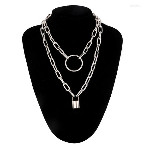 Choker Layered Lock Chain Halskette Punk Vorhängeschloss Anhänger Damen Mode Gothic Schmuck Goth Accessoires