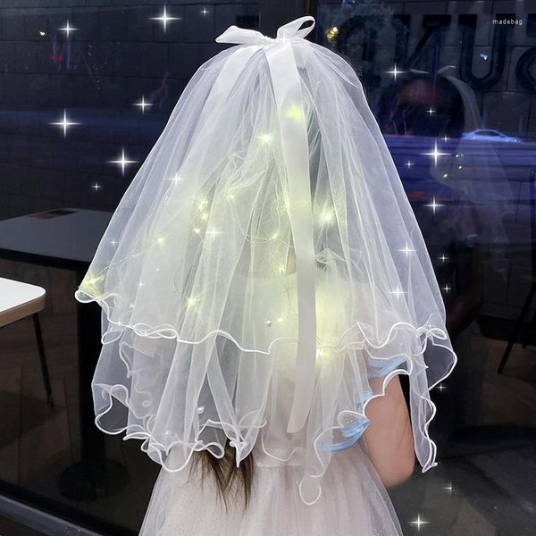 Decoração de festa Luzes Led Noiva Casamento Meninas Princesa Luminosa Coroa Véu Fada Laço Fita Dupla Camada Noiva Criativa Tiara