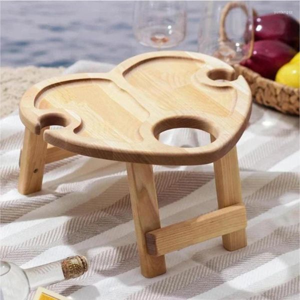 Móveis de acampamento mesa de vinho portátil areia de praia grama garrafas de madeira com suporte de vidro dobrável lanche