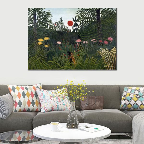 Jungle dieren Canvas Wall Art handgeschilderde jungle landschap met ondergaande zon Henri Rousseau schilderij te koop hoge kwaliteit