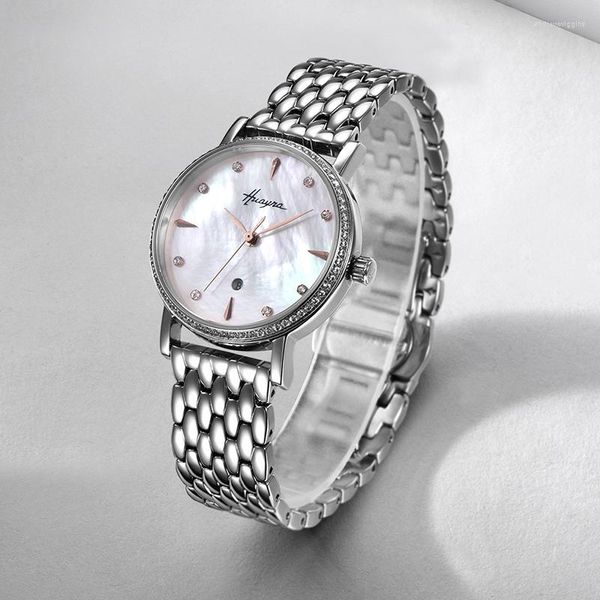 Relógios de pulso de luxo caixa de aço inoxidável calendário feminino 31 mm relógio à prova d'água branco mostrador conjunto diamante pulso para senhoras