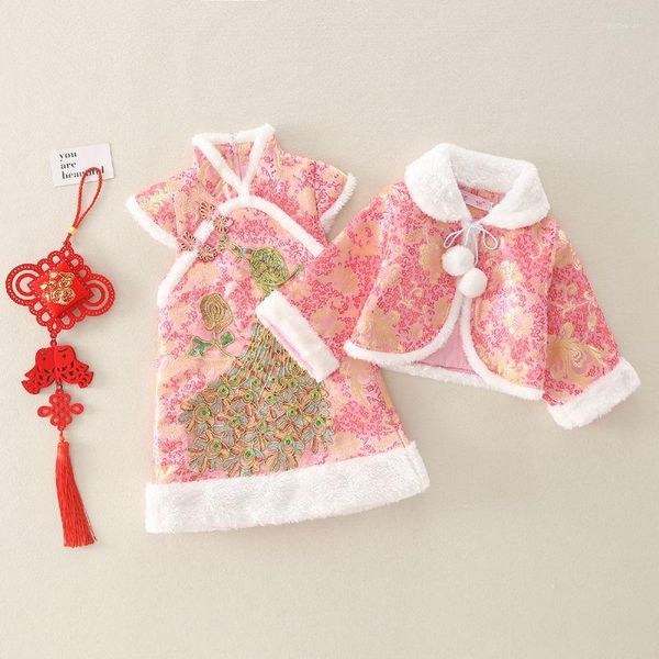 Roupas étnicas para bebê, ano chinês, meninas, terno Tang, inverno, crianças, bordado, cheongsam, princesa, vestido, casaco, conjunto, traje, desempenho