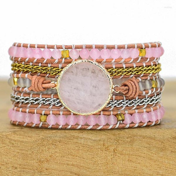 Bracelets à breloques naturel multicouche rond en cristal rose Bracelet Wrapp guérison opale perle méditation inspirant cuir Wrap cadeau