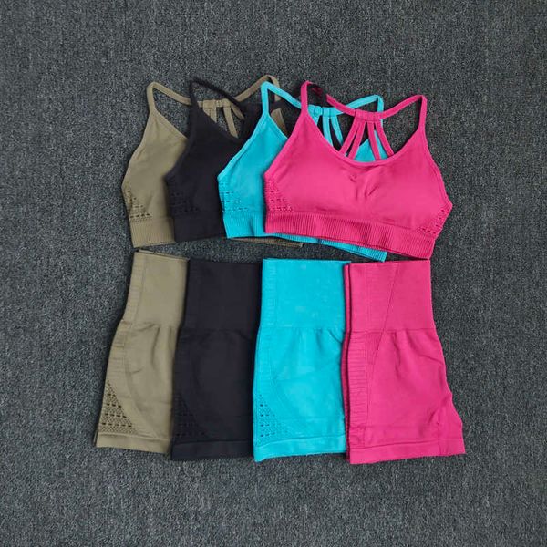 Fatos de treino femininos 2 peças de fatos desportivos Energy Seamless Yoga Set Roupas de treino para mulheres Sportswear Cintura alta Ginásio Shorts acolchoado Strappy Bra