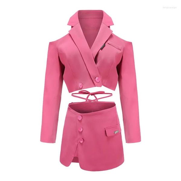 Abito a due pezzi Donna Primavera Autunno Gonne Abiti Moda Blazer corti e sottili Mini Wrap Hip 2 pezzi Set Lady Rose Red Giacche Bud Outfits