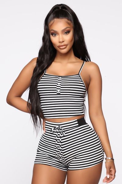 Calças femininas de duas peças hirigin 2 pçs roupas de dormir femininas verão casual bodycon listrado cropped top e shorts roupas roupas esportivas conjuntos de pijama 230612