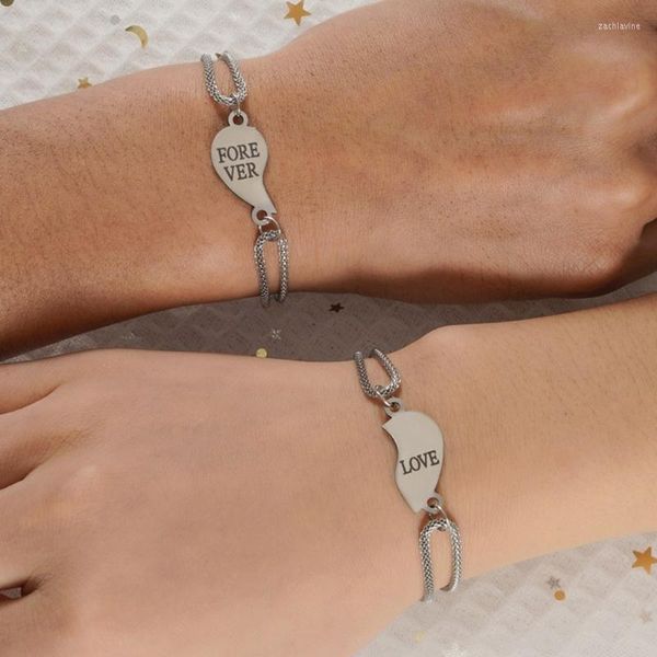 Pulseiras de link 2 peças combinando com pingente de coração pulseira de amor pingente de corrente de aço inoxidável para presente de aniversário de casal