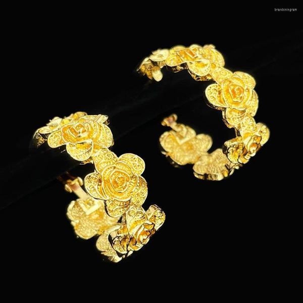 Creolen Vintage geschnitzte Rose Blume für Frauen Kupfer 24K vergoldet Old Money klassischer Schmuck Mädchen Teenager