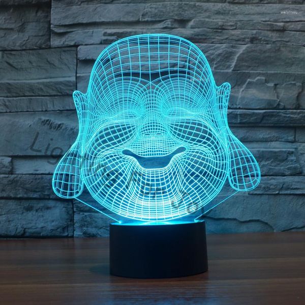 Luci notturne Design Lampada Buddha Luce decorativa Statua 3D Bambino Visual Led Bambini 7 colori che cambiano