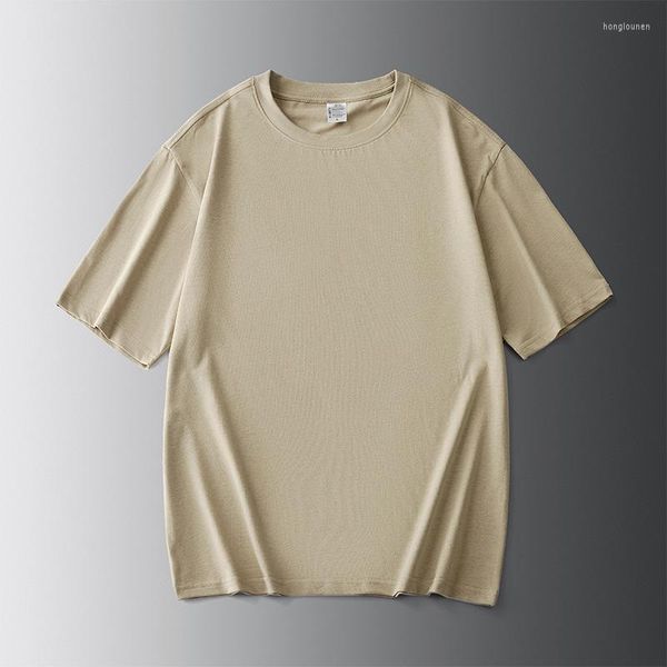 Herren-T-Shirts, Sommermode, einfarbig, Rundhalsausschnitt, 220 g, Doppelgarn, schlichte Baumwolle, kurzärmeliges T-Shirt, lockeres, lässiges Pullover-Oberteil für Herren