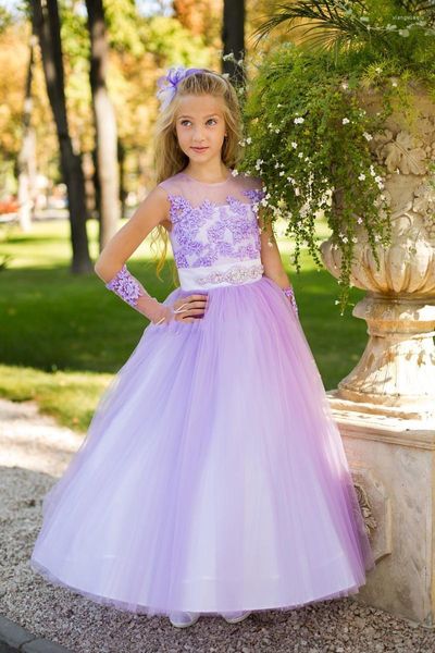 Mädchenkleider Blumenspitze für Hochzeiten Illusion Lilac Tüll Erste Kommunionkleid Geburtstagsfeier Mädchen Kinder Prinzessin Kleid