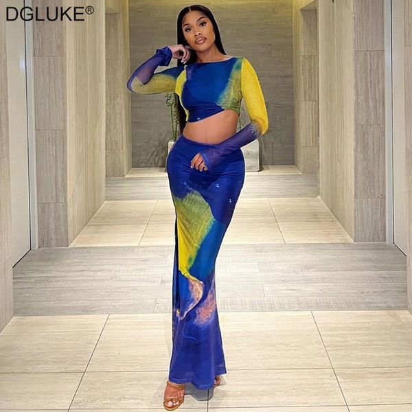 Vestito a due pezzi Tie Dye Mesh Set Women Outfit 2023 Summer Long Sleeve Crop Top e Maxi Skirt Set Party Night Club 230612