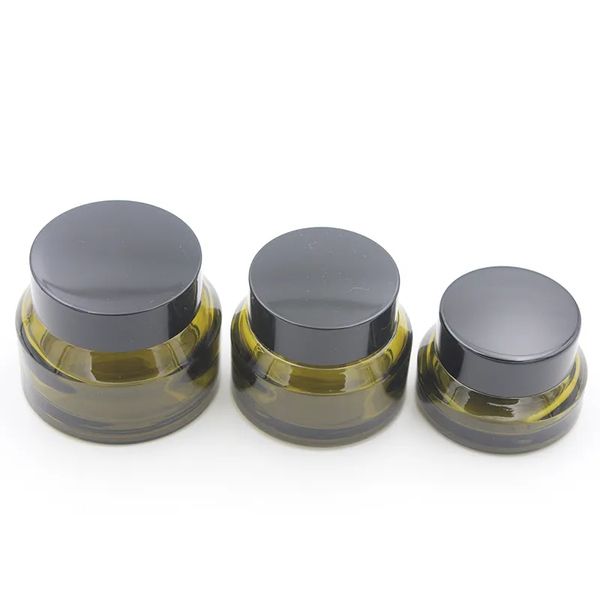 Glass Cosmetics Jar Set - Green Amber with Plastic Lid | 15g, 30g, 50g Sizes for Makeup Storage and Face Creams