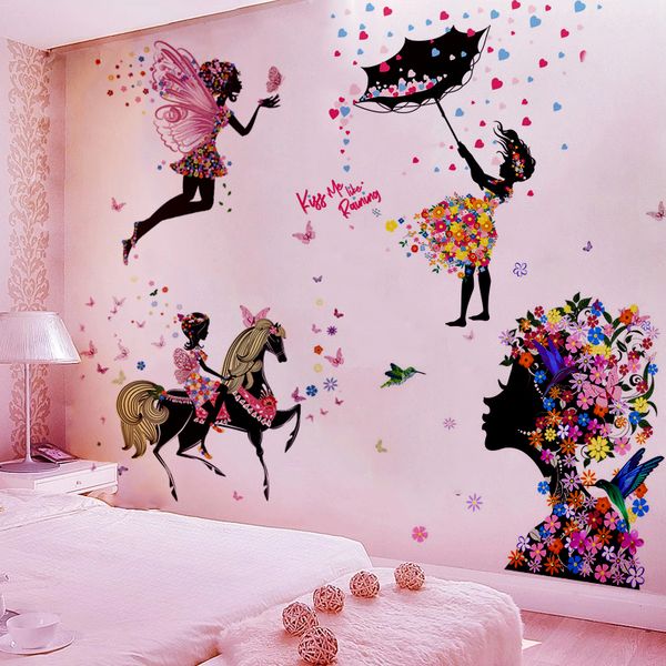 Desenho animado borboleta fada floral menina com guarda-chuva adesivos de parede para quarto de menina quarto infantil decalques de parede flores coloridas pvc