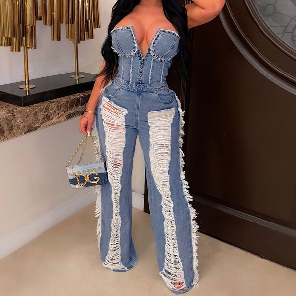 Jeans feminino Flare Leg Jeans 2023 Hollow Solid Out Sexy Club sem alças sem mangas high-end rasgado cintura alta macacões de perna larga