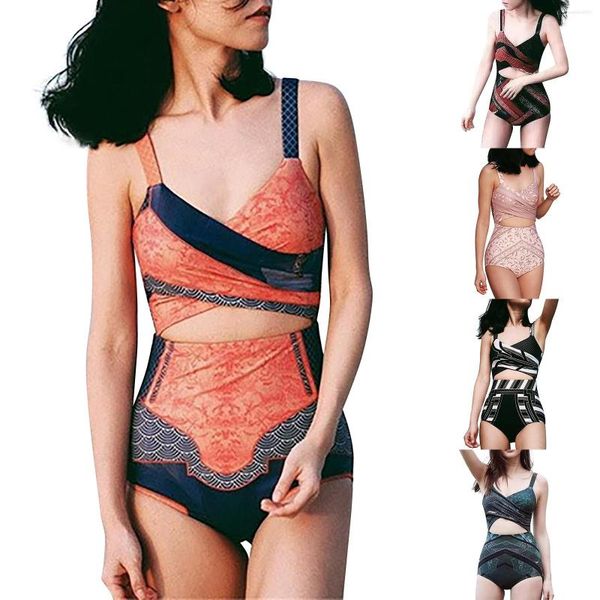 Damen-Bademode, sexy Retro-Druck, schlanker Körper, Bauch, schöner Rücken, modischer konservativer Bikini