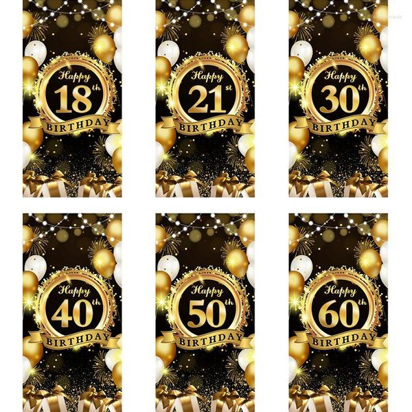 Decorazione per feste Golden Black Happy Birthday Background 18 21 30 40 50 60 Forniture Long Banner Flag Backdrop Decor