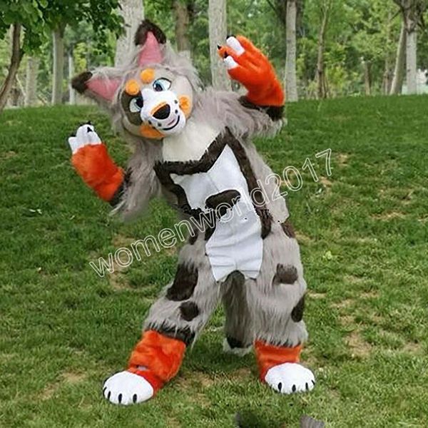 Vendite calde Halloween Long Fur Grey Husky Dog Mascot Costume Festa di compleanno Costume di carnevale Costume di peluche