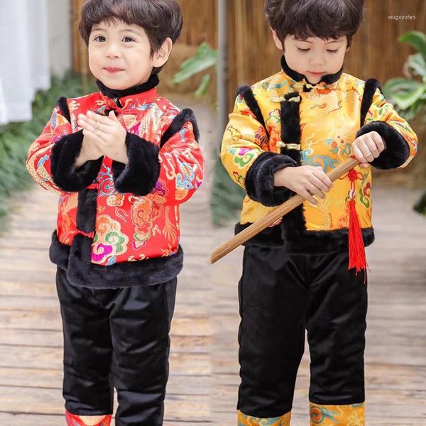 Ethnische Kleidung 2023 Chinesisch Traditionell für Jungen Kinder Tang-Anzug Hanfu Jahr Outfit Samtmantel Winter 2 Stück Rot Gelb