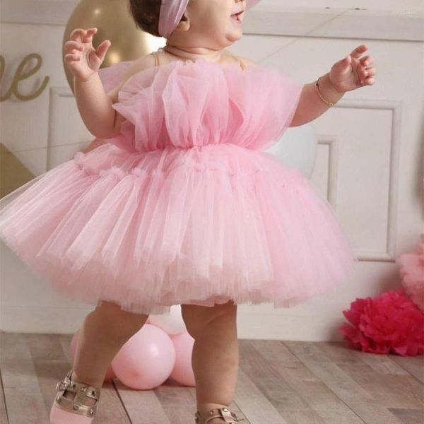 Abiti da ragazza Abiti corti in tulle Primera Comunion A-Line O-Collo Abito a fiori Rosa Toddler Glitz Pageant Pretty Kids Prom Gown