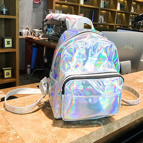 Rucksack Mini Student Niedlich Damen Leder Hologramm Rucksäcke Mädchen Schule Glänzend Laser Silber Kleiner Rucksack 362 J230517