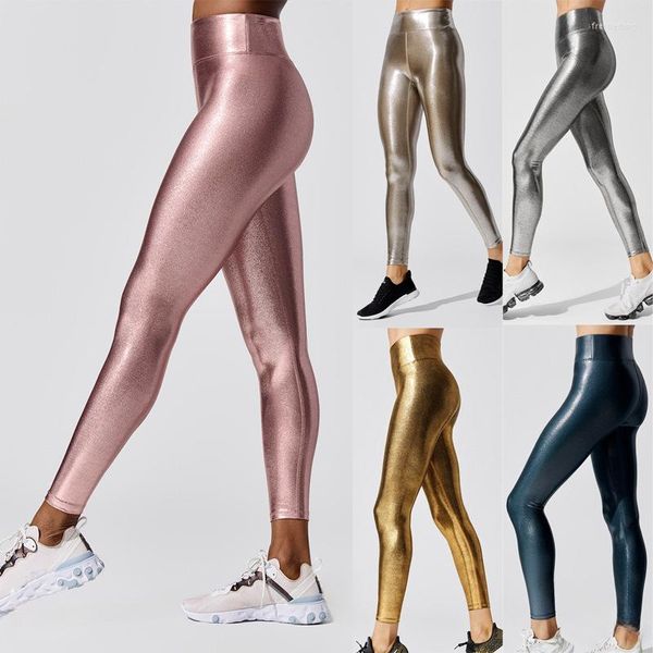 Leggings femininas Calças de yoga bronzeadoras femininas sexy cintura alta fina couro sintético fitness corrida roupas esportivas brilhante boate