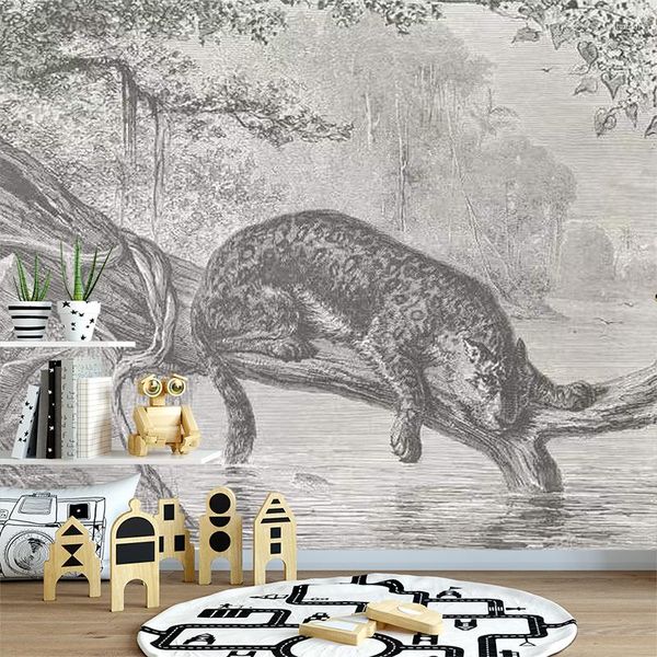 Papéis de Parede Bacal Moderno 3D Grande Papel de Parede Mural Pintado à Mão Floresta Branca e Negra Tigre Animal Ilustração Crianças Fundo Parede