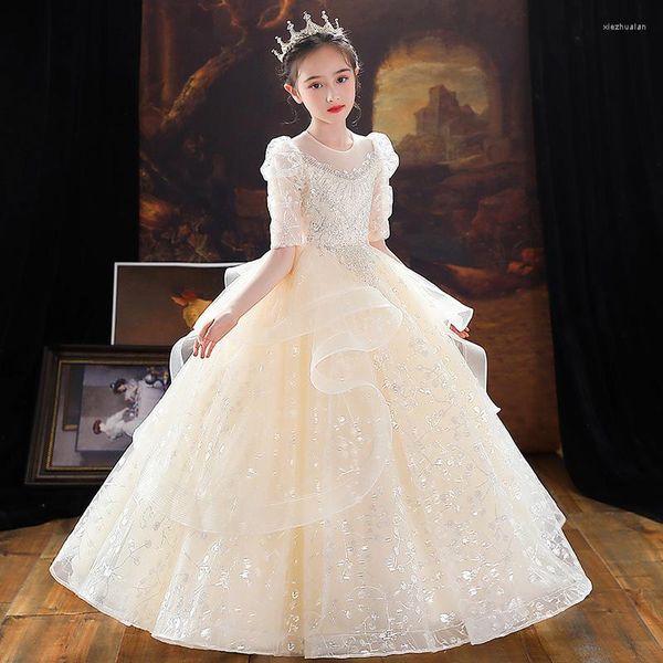 Kız Elbiseler Yaz Çiçek Kızları Resmi Elbise Kalıp Sunumcu Modelleri Sarı Prenses Performans Out Dantel Tül Balgown
