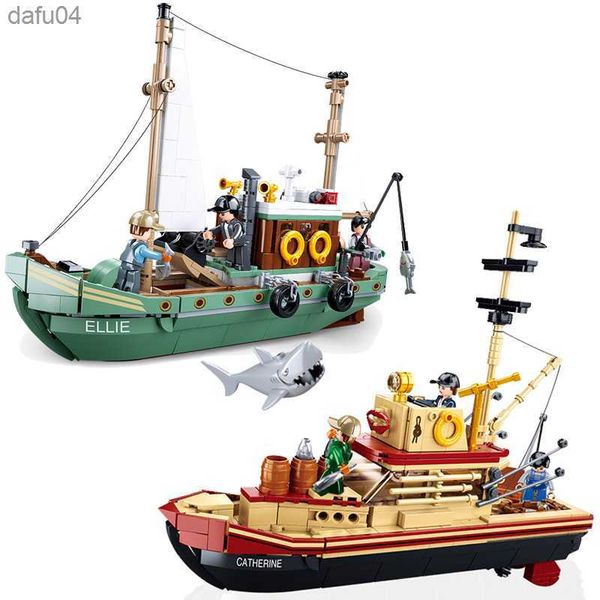 Nuovo Sluban Barca da pesca Building Blocks Mattoni Nave Pescatore Action Figure Negozio di pesce Squalo bianco Moc Modello fai da te Giocattoli Regalo per bambini L230522