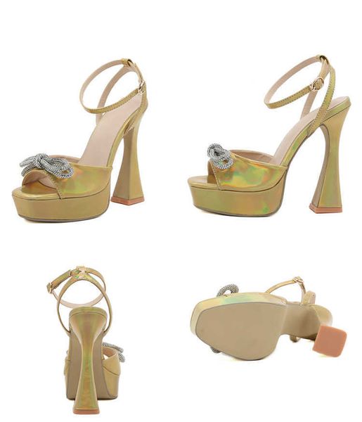 NXY Sandallar Altın Kelebek-Knot Toka Kadınlar 2023 Yaz Moda Açık Ayak Tip Kare Yüksek Topuklu Ziyafet Parti Ayakkabıları 230511