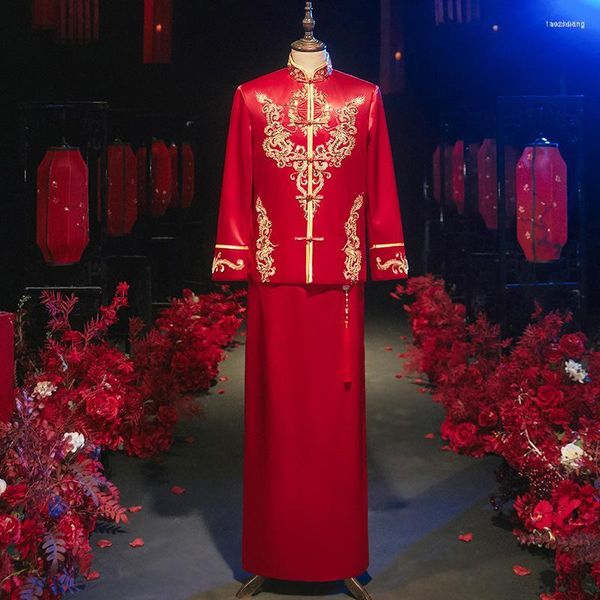 Roupa étnica Noivo Requintado Lantejoulas Bordado Terno Tang Estilo Chinês Tradicional Homens Mulheres Banquete Qipao