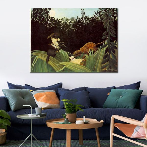 Tropische Landschaften Kunst Henri Rousseau Gemälde „Scout Attacked by A Tiger“ auf Leinwand, handgefertigt, hochwertige Wanddekoration