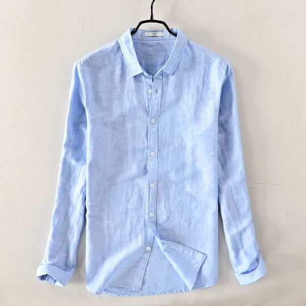 Camisas casuais masculinas de algodão e linho de manga comprida camisa de cor sólida confortável outono verão céu azul para homens camisa
