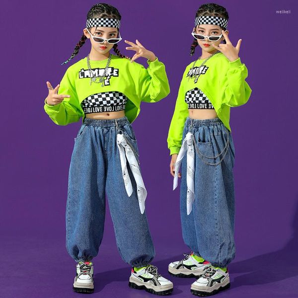 Conjuntos de roupas para crianças ternos para meninas umbigo camiseta jeans streetwear dança hip hop jazz roupas infantis camisetas jeans calça trajes de treino