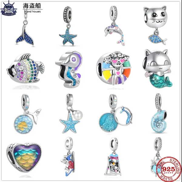 Für Pandora Charms authentische 925er Silberperlen baumeln Sommer New Whale Tail Seestern Delphin Katze Meerjungfrau Perle