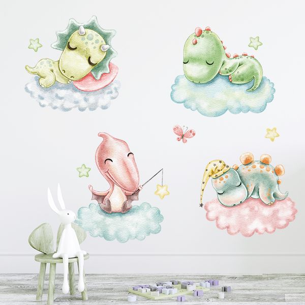 Aquarela dos desenhos animados bebê dinossauros dormindo na nuvem adesivos de parede para decoração do quarto do berçário do bebê decalques da parede do quarto das crianças PVC