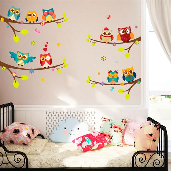 decalques de parede de ramo de coruja dos desenhos animados para quartos de crianças sala de estar quarto decoração de casa adesivos de parede diy animais pôsteres pvc arte mural