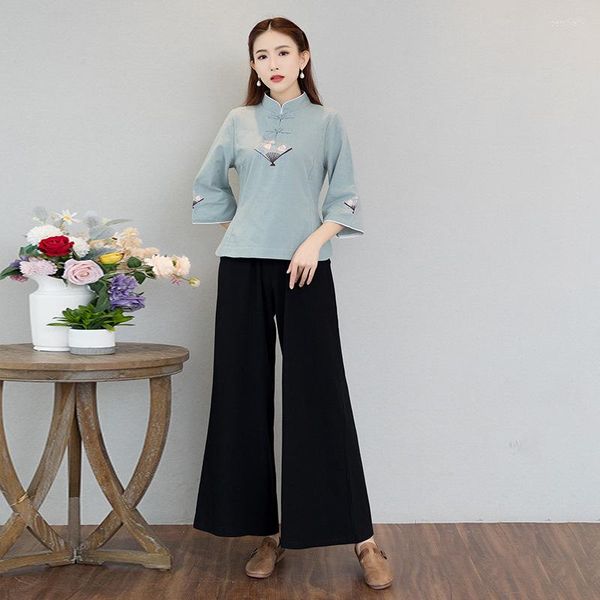 Abbigliamento etnico Tradizionale Bangkok Hanfu da donna Pantaloni autunnali Tradizione del bordo blu