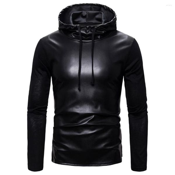 Sweats à capuche pour hommes T-shirt en cuir Patchwork à manches longues pour hommes à capuche et personnalisé 2023 automne tendance chemise de sport Harajuku