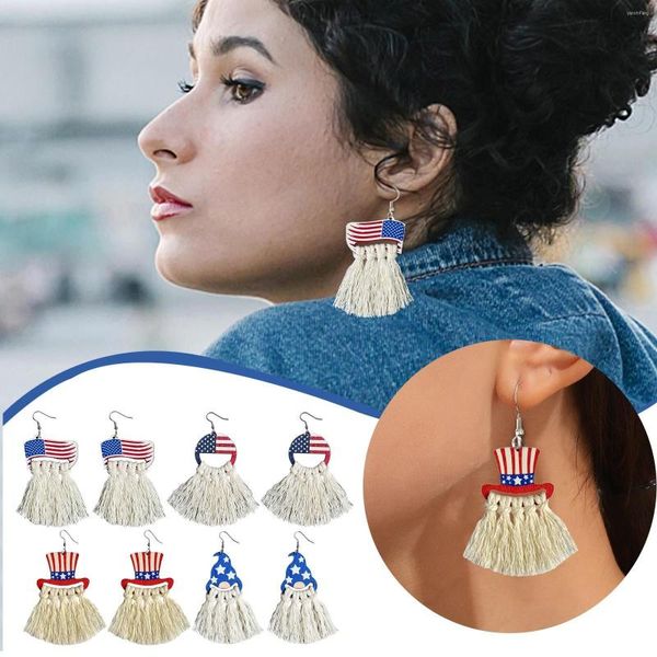 Orecchini a cerchio Festa dell'indipendenza americana Bandiera in legno Cappello Intrecciato a mano Stampato Boho Set di orecchini con nappe per cerchi da donna