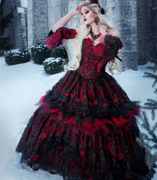 2023 Vintage Preto E Vermelho Vestidos De Noiva 3D Apliques Florais Princesa Uma Linha Renda Vestidos De Noiva Góticos Com Destacável Mangas Longas Espartilho Tamanho Grande Vestido De Novia