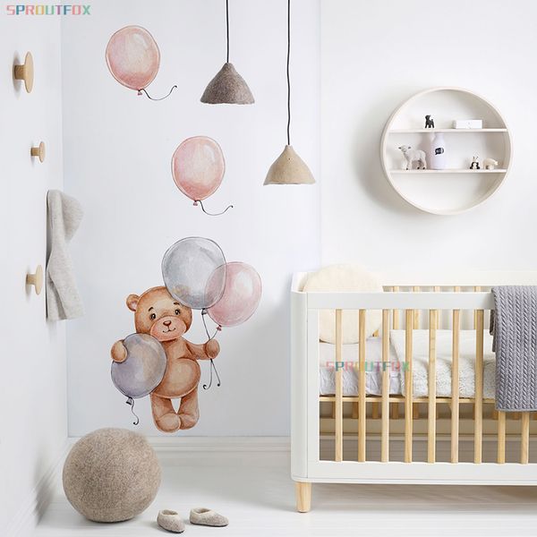 Urso fofo de desenho animado com balões de ar adesivos de parede para quarto de berçário de bebê decoração infantil decalques de parede em aquarela nórdicos