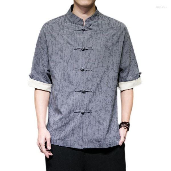 Camisas casuais masculinas vintage estilo chinês camisa masculina tradição sapo botão gola mandarim meia manga padrão retrô taichi tang