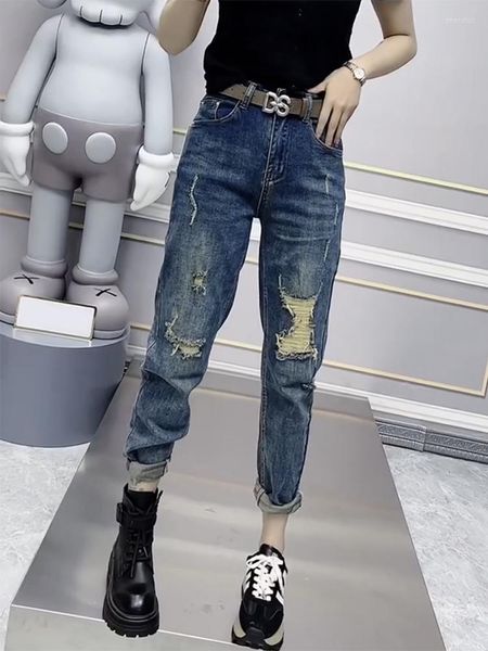 Jeans feminino tamanho grande rasgado feminino verão modelo fino 2023 calça rabanete papai gordo mm Haren Y2k