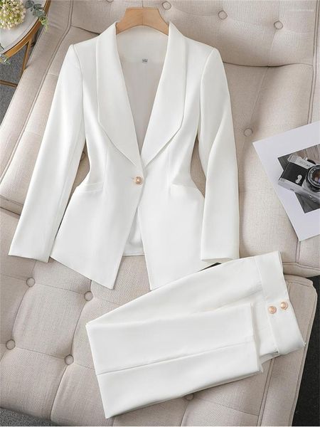 Calças femininas de duas peças brancas femininas 2 conjunto 2023 em casual blazer jaqueta com calças elegante escritório senhora negócios formal pant terno