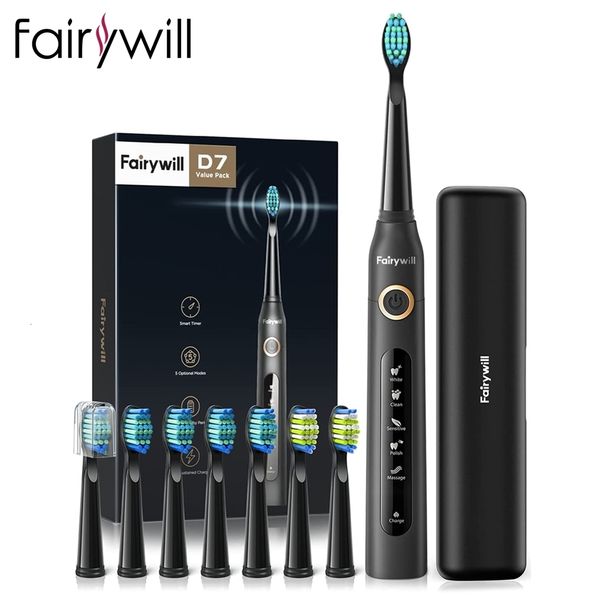 Escova de dentes Fairywill FW-507 Sonic Electric Toothbrush 5 modos Carregador USB Escovas de dentes Temporizador de substituição Escova de dentes Sonic 8 cabeças de escova 230609