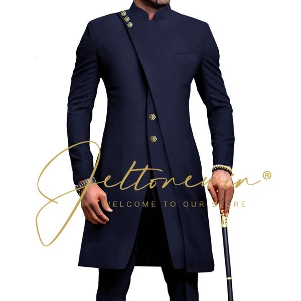 Erkek Suit Blazers Afrika Tarzı Stand Yakası Erkek Donanma Damat Düğün Kostümü Sağdı Sağdı Sağdı Sağlamcıları İnce Fit 2 Parçalı Blazer Pant 230612