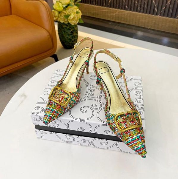 High Heels Slingback Sandalen Designer Frauen Kleid Schuhe Spitze Zehe Echtes Leder Gold Silber Sexy Pumps Dame Sommer Schuh mit Box